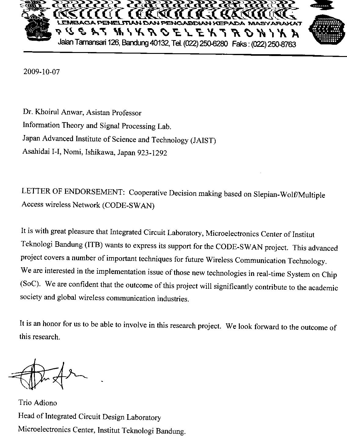 Letter of Endorsement CODE-SWAN Project from ITB, Bandung