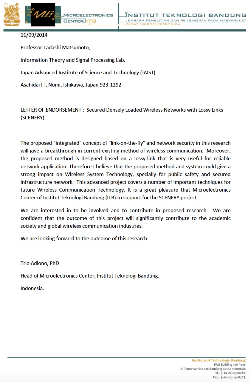 Letter of Endorsement for SCENERY Project (2015-2020)