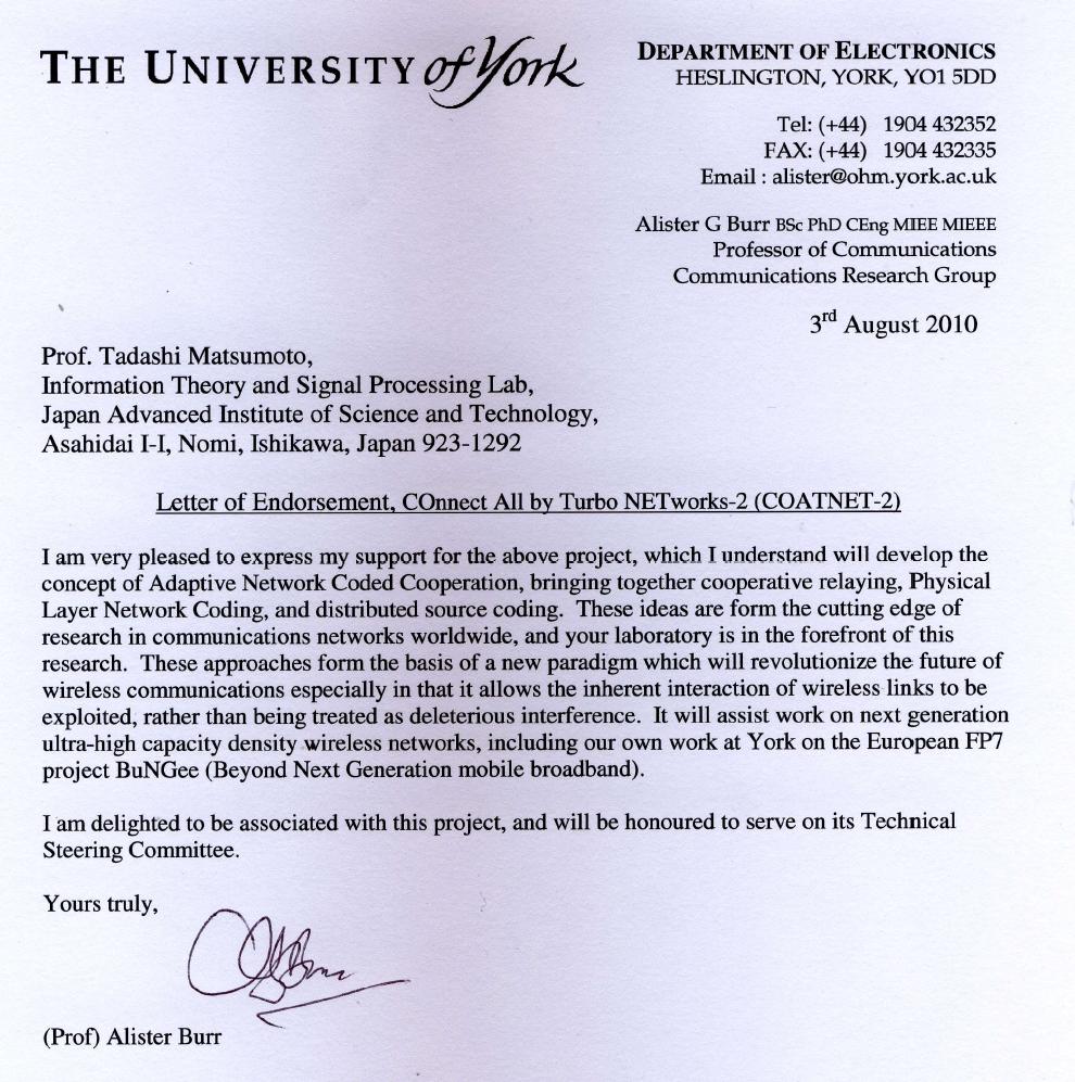 Letter of Endorsement to COATNET-2 Project from The UNIVERSITY of YORK: Prof. Alister Burr