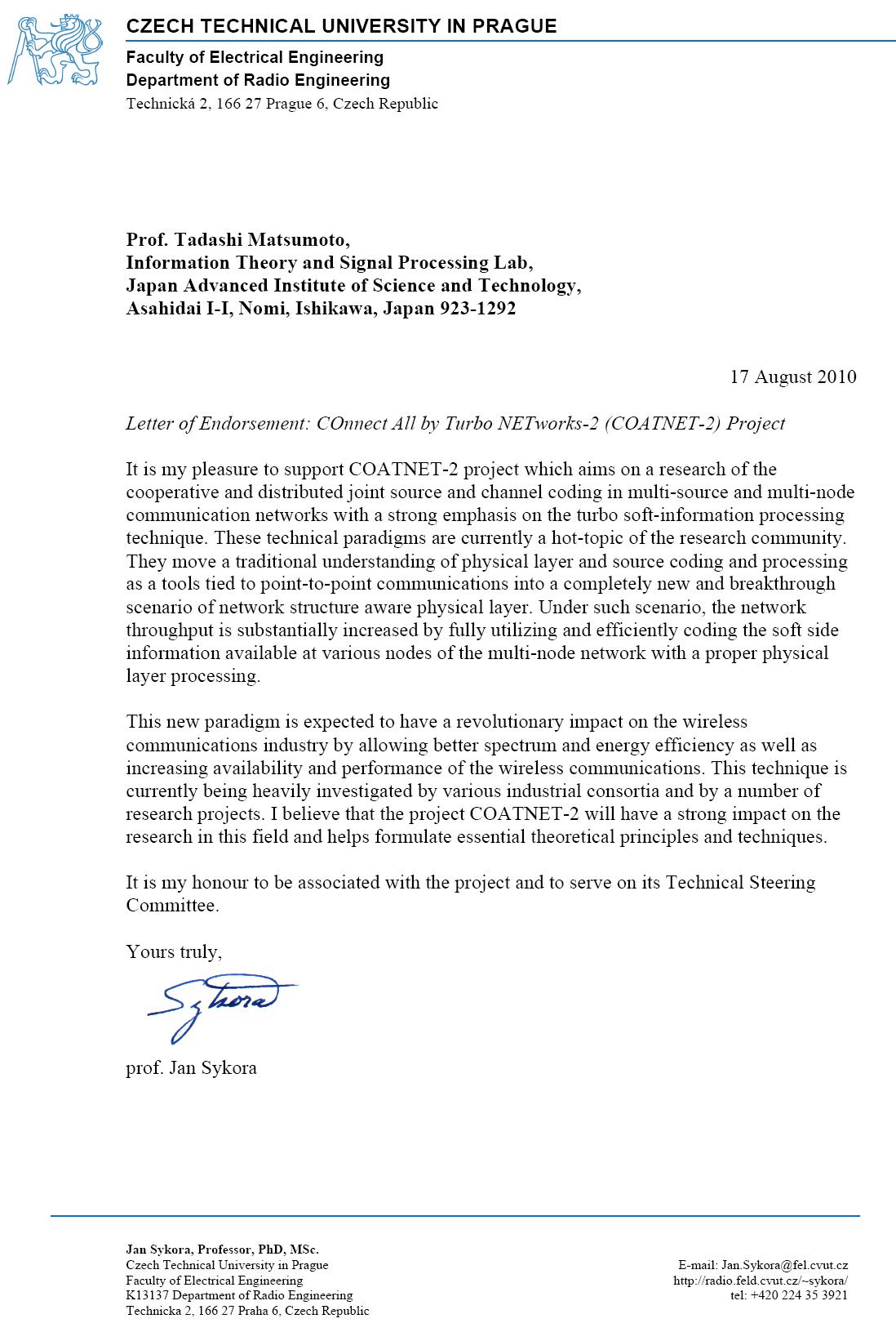 Letter of Endorsement to COATNET-2 Project from CZECH TECHNICAL UNIVERSITY in PRAGUE
