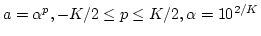 $a=\alpha^p, -{K}/{2} \leq p \leq {K}/{2},\alpha=10^{2/K}$