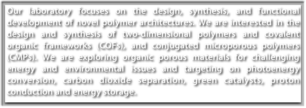 Our laboratory focuses on the design, synthesis, and functional development of novel polymer architectures. We are interested in the design and synthesis of two-dimensional polymers and covalent organic frameworks (COFs), and conjugated microporous polymers (CMPs). We are exploring organic porous materials for challenging energy and environmental issues and targeting on photoenergy conversion, carbon dioxide separation, green catalysts, proton conduction and energy storage. 